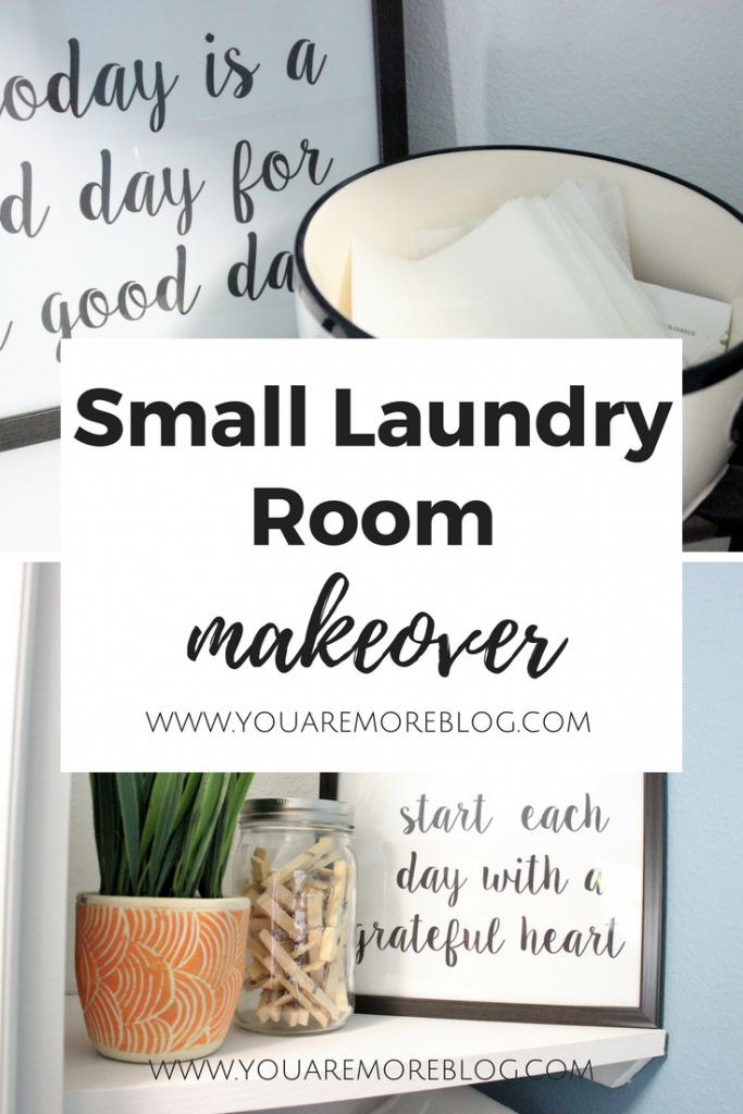 Small laundry room makeover on a budget! See how some cabinets, paint, and a few decor items can makeover your small laundry room in no time!